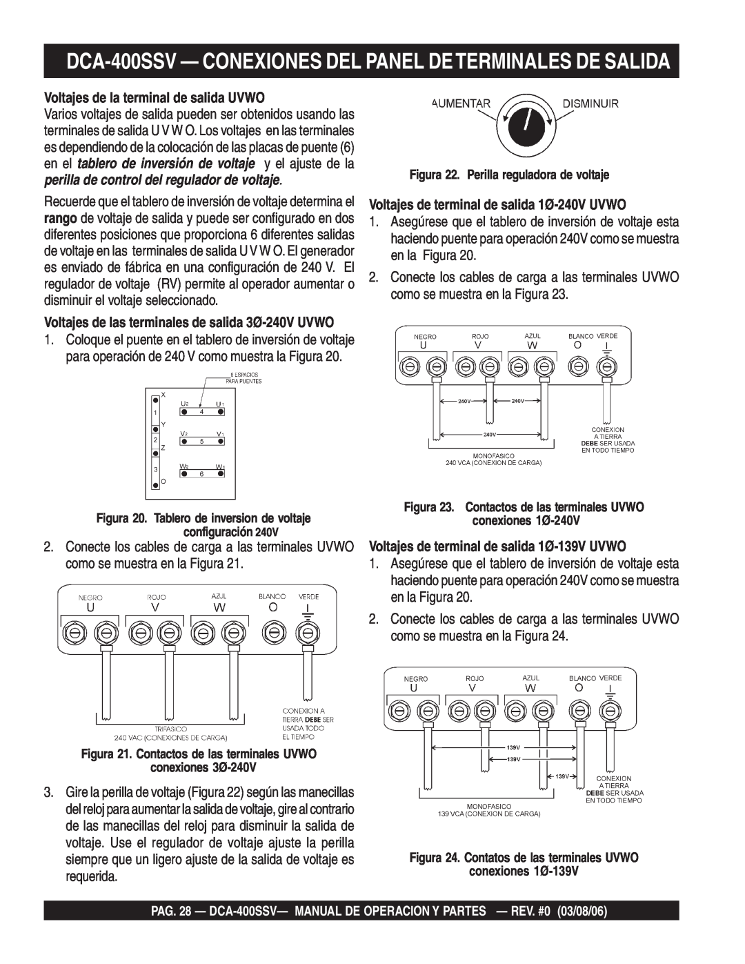 Multiquip DCA-400SSV operation manual Voltajes de la terminal de salida UVWO, Voltajes de terminal de salida 1Ø-240VUVWO 