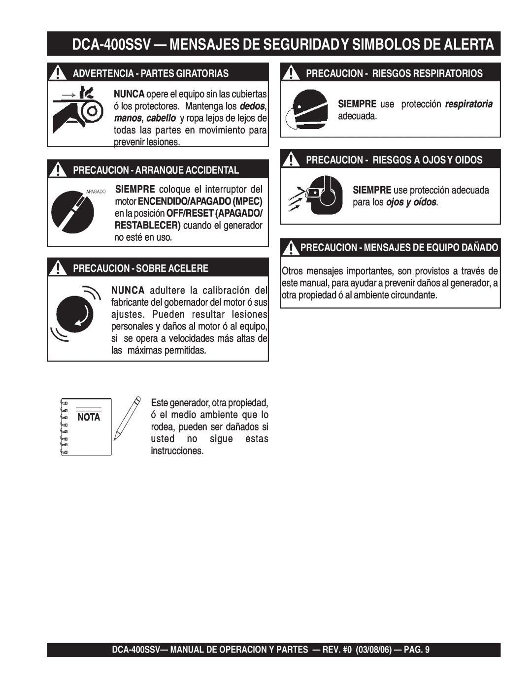 Multiquip DCA-400SSV Advertencia - Partes Giratorias, Precaucion - Sobre Acelere, Precaucion - Riesgos Respiratorios 