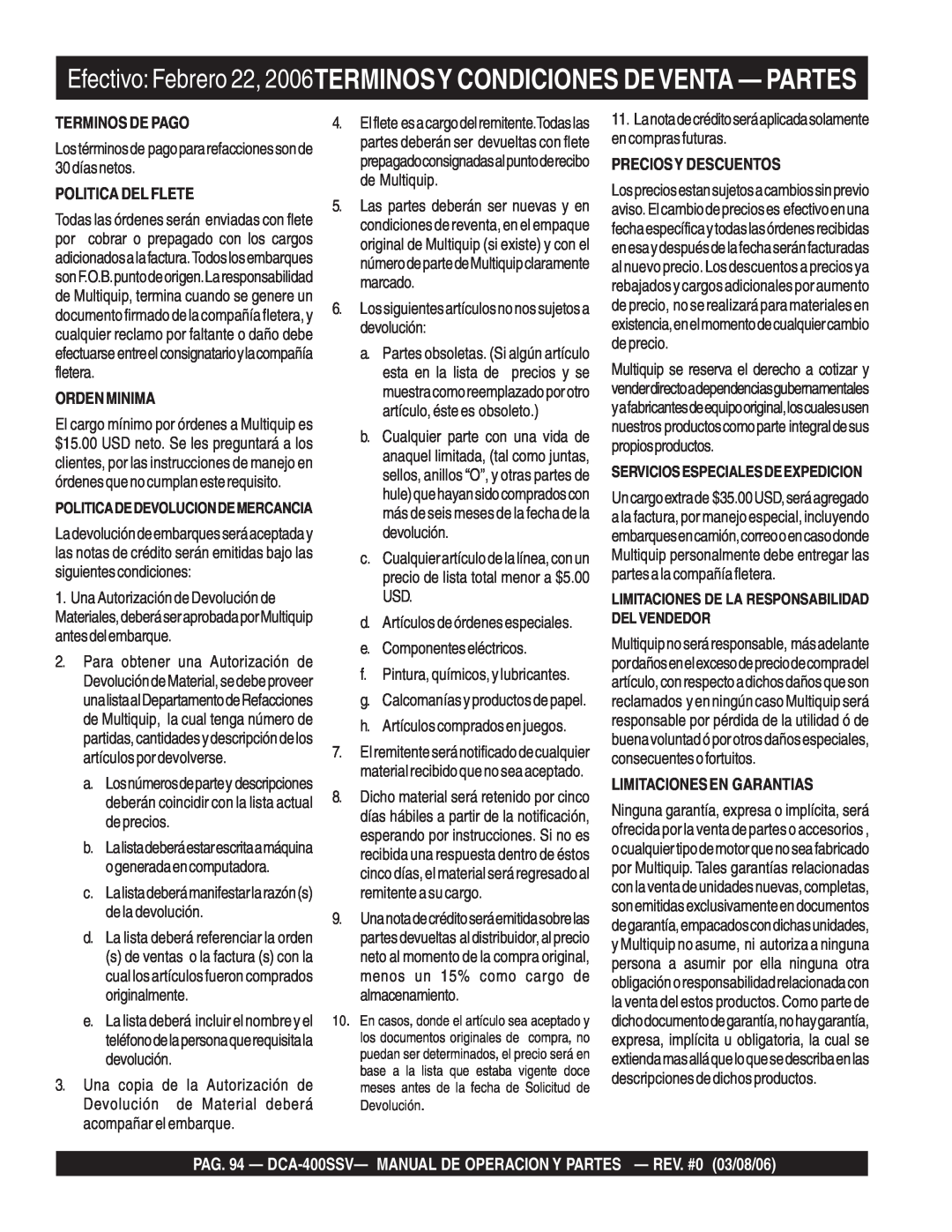 Multiquip DCA-400SSV Terminos De Pago, Politica Del Flete, Ordenminima, e.Componenteseléctricos, Preciosy Descuentos 