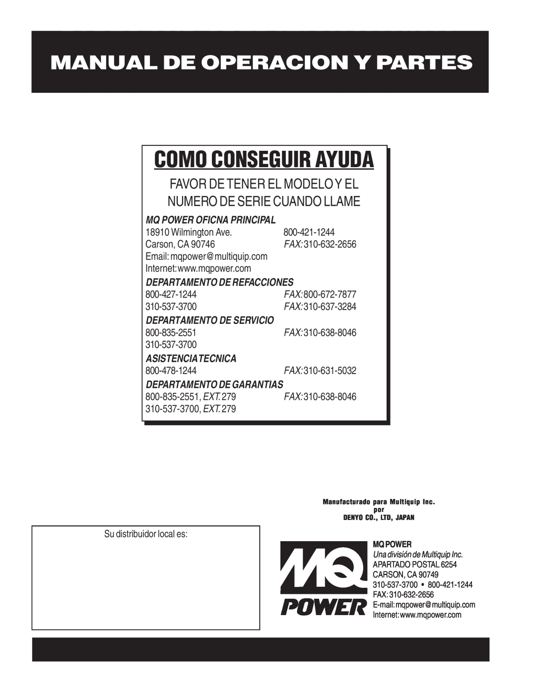 Multiquip DCA-400SSV Como Conseguir Ayuda, Manual De Operacion Y Partes, Favor De Tener El Modeloy El, Wilmington Ave, Fax 