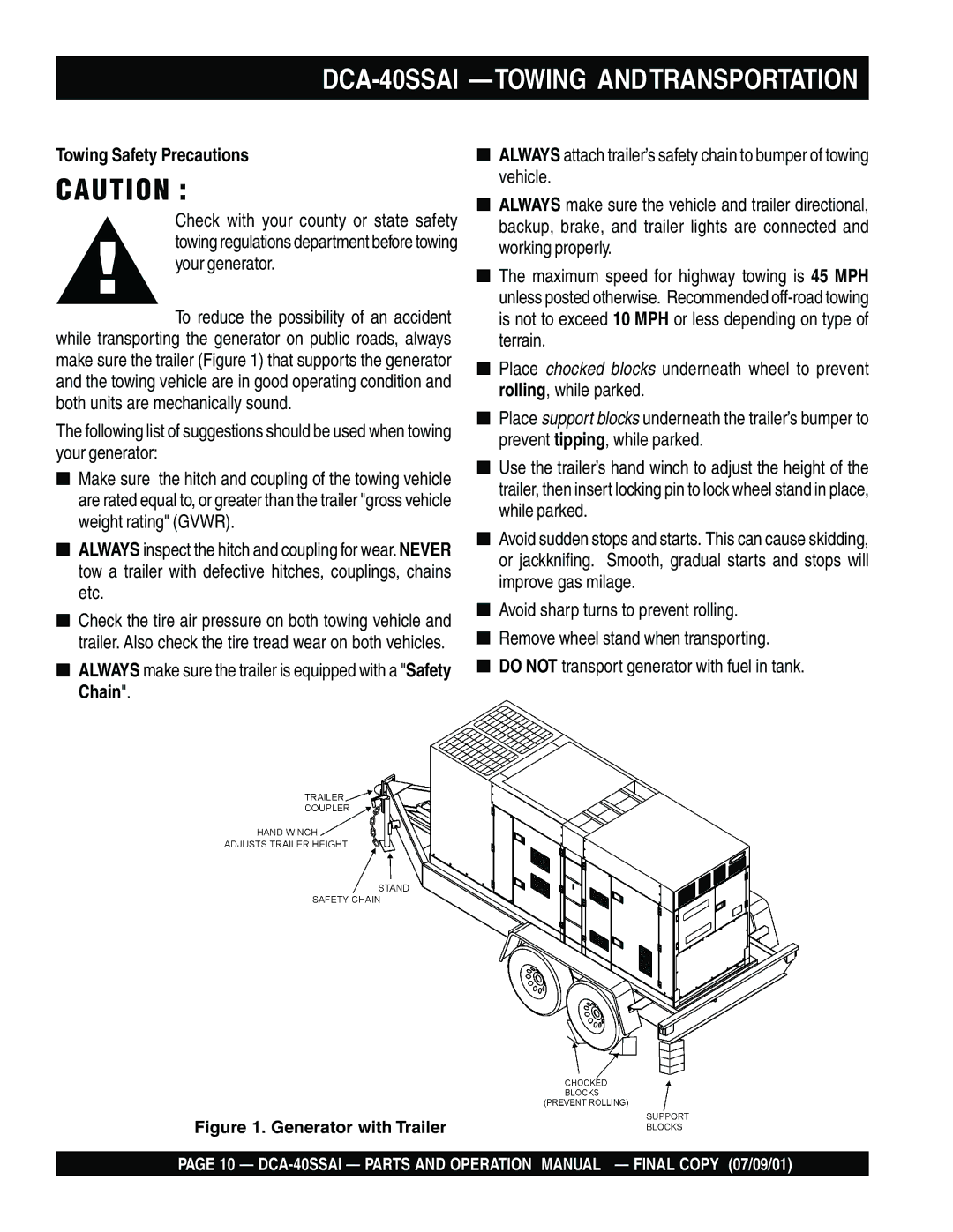 Multiquip operation manual DCA-40SSAI -TOWING Andtransportation, Towing Safety Precautions 