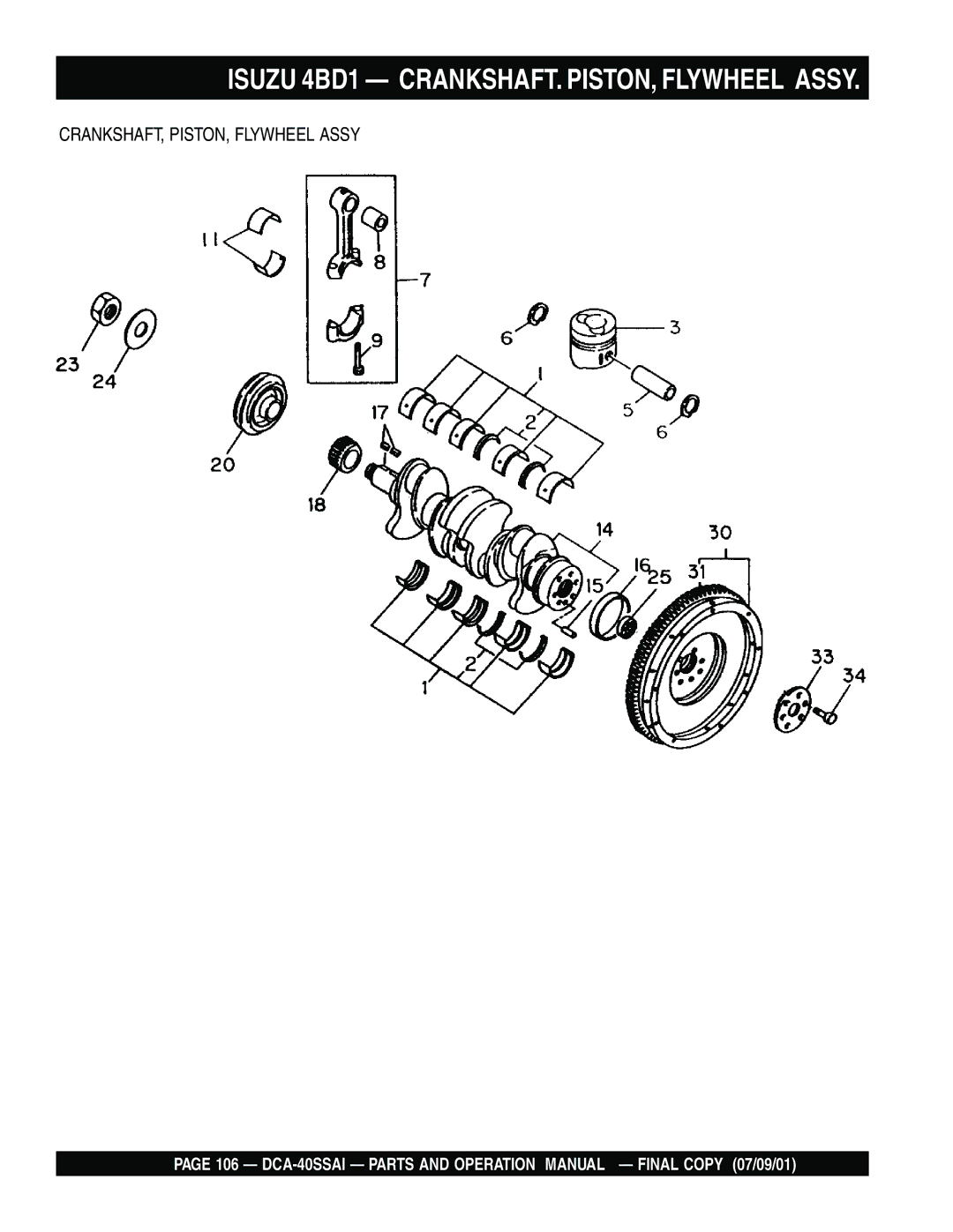 Multiquip DCA-40SSAI operation manual Isuzu 4BD1 CRANKSHAFT. PISTON, Flywheel Assy, CRANKSHAFT, PISTON, Flywheel Assy 