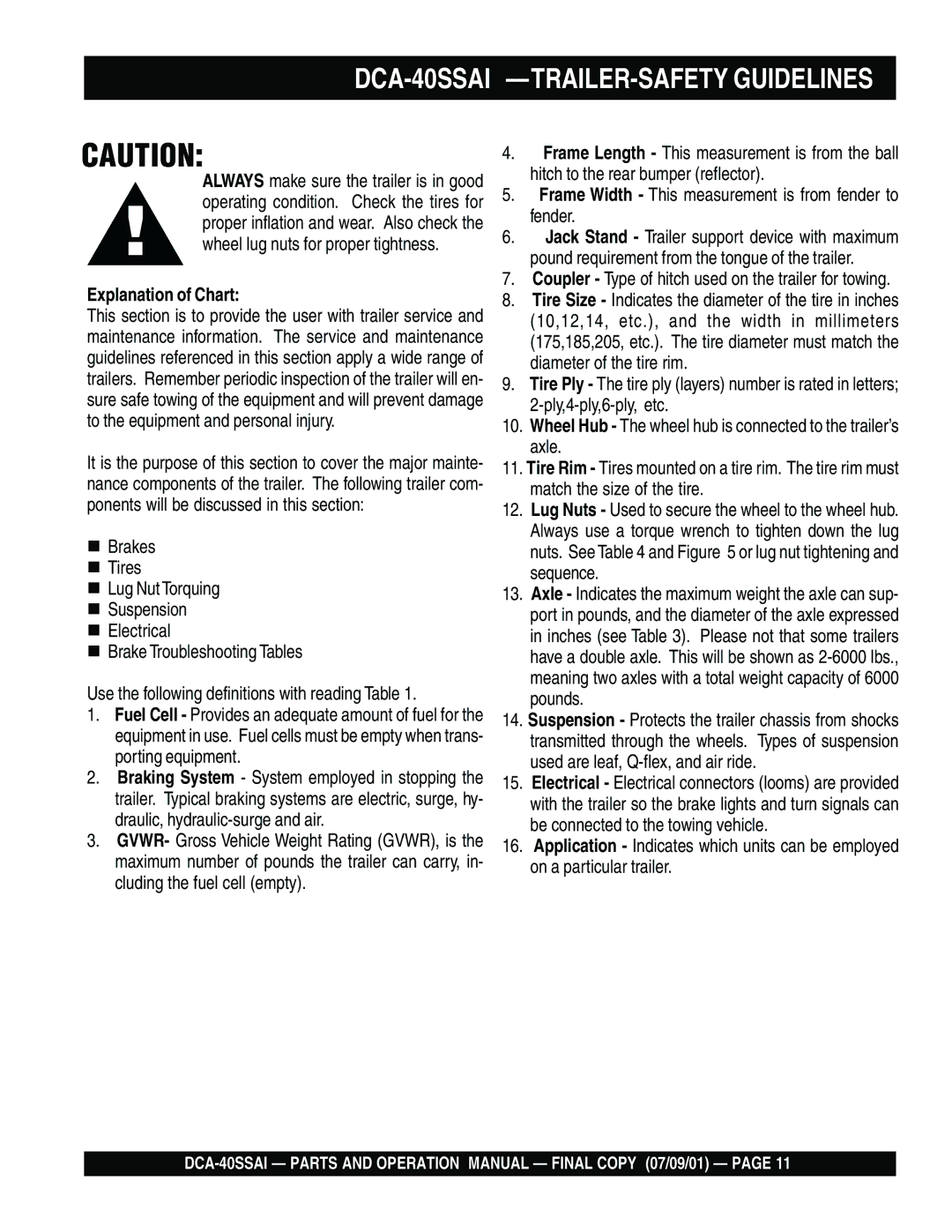 Multiquip operation manual DCA-40SSAI -TRAILER-SAFETY Guidelines, Explanation of Chart 