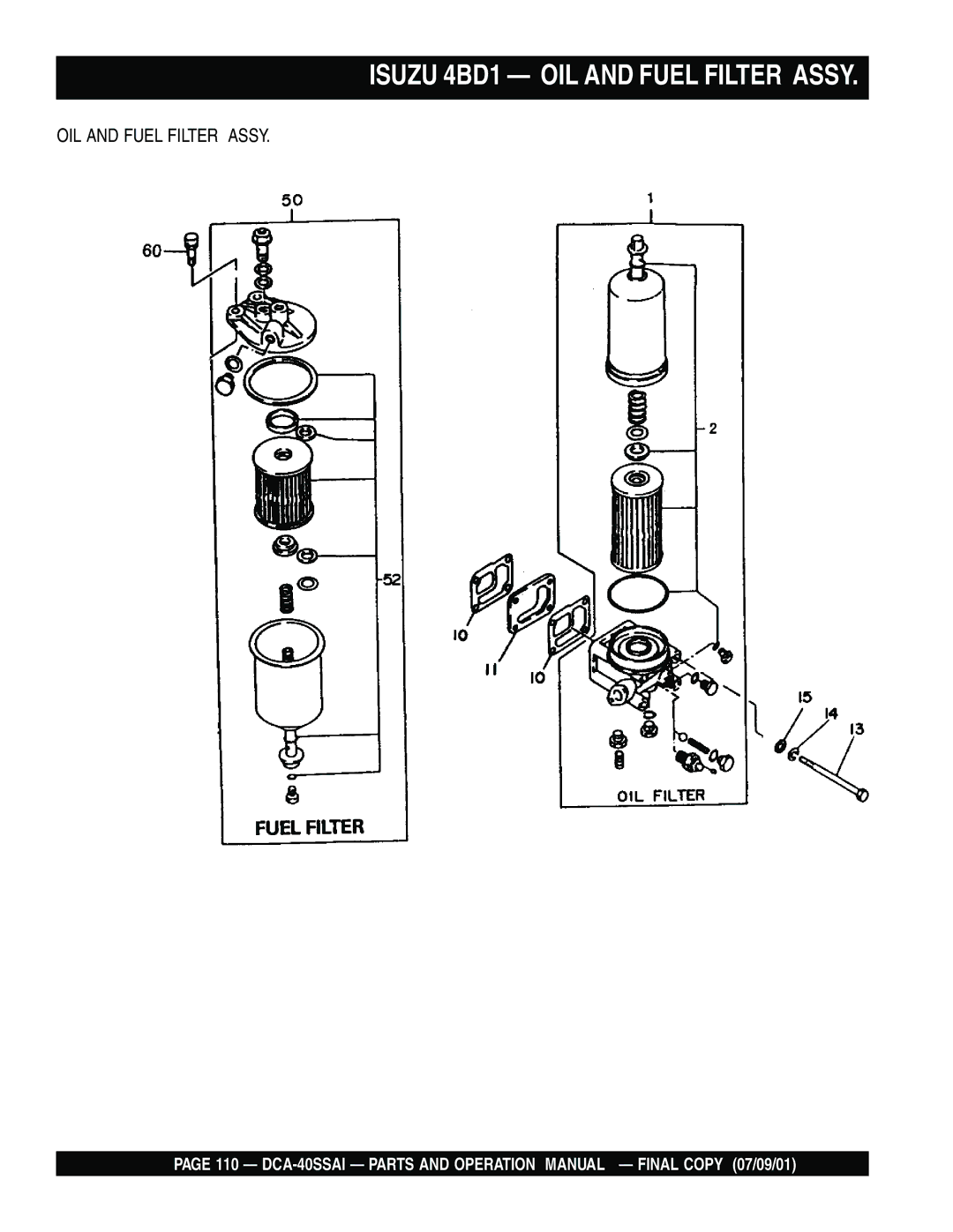 Multiquip DCA-40SSAI operation manual Isuzu 4BD1 OIL and Fuel Filter Assy 