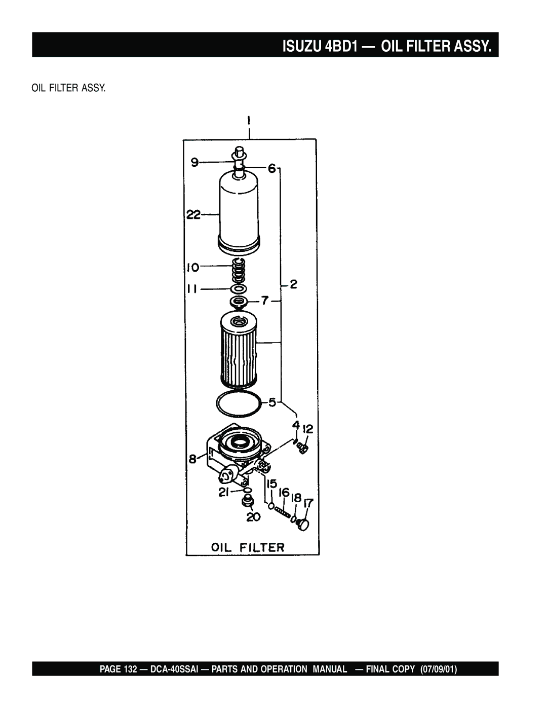 Multiquip DCA-40SSAI operation manual Isuzu 4BD1 OIL Filter Assy 