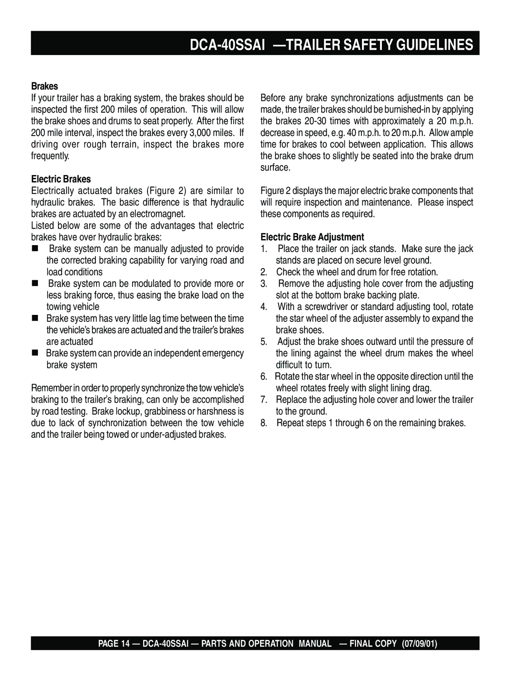 Multiquip operation manual DCA-40SSAI -TRAILER Safety Guidelines, Electric Brakes, Electric Brake Adjustment 