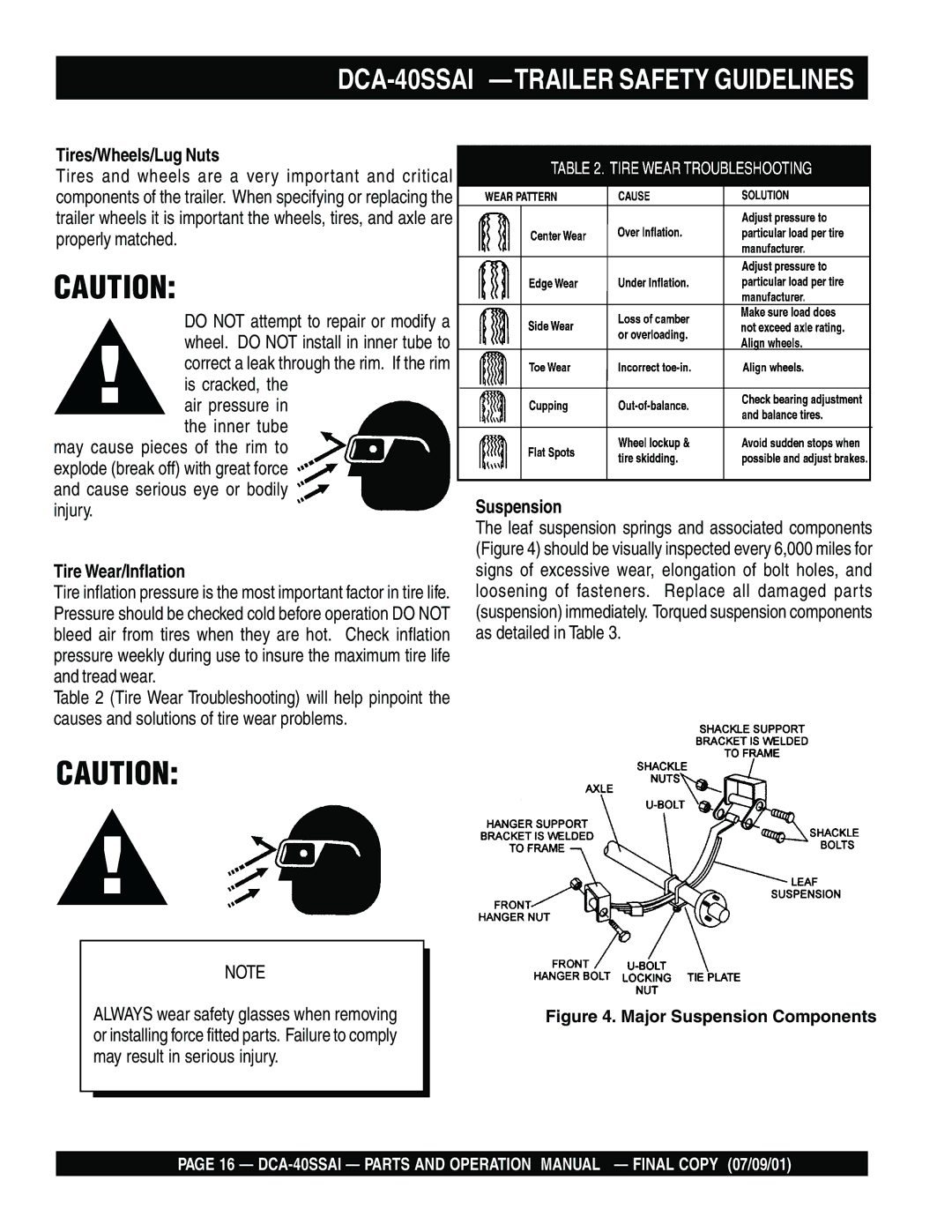 Multiquip DCA-40SSAI operation manual Tires/Wheels/Lug Nuts, Tire Wear/Inflation, Suspension 