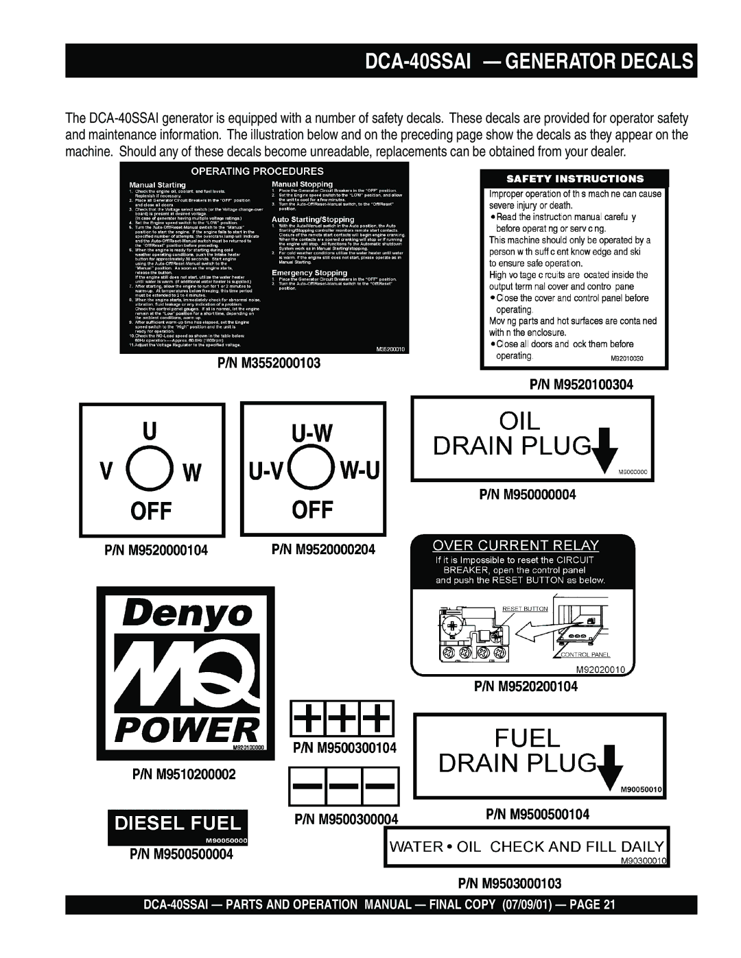 Multiquip operation manual DCA-40SSAI Generator Decals 