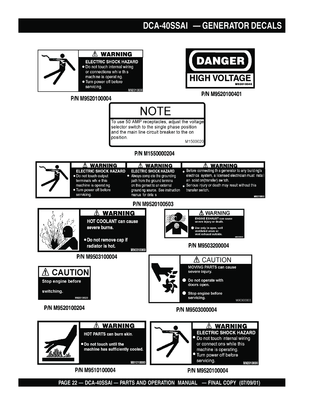 Multiquip operation manual DCA-40SSAI Generator Decals 