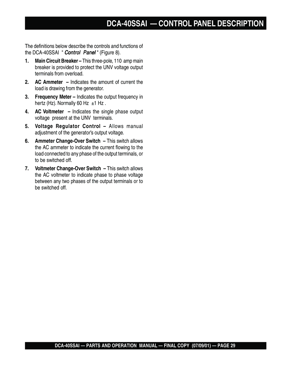 Multiquip operation manual DCA-40SSAI Control Panel Description 