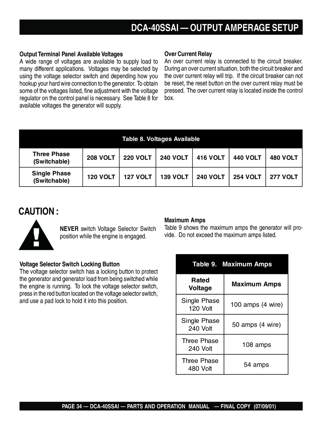 Multiquip operation manual DCA-40SSAI Output Amperage Setup 