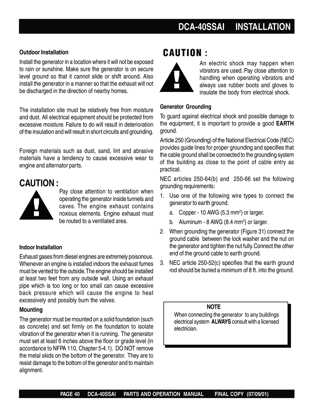 Multiquip operation manual DCA-40SSAI Installation, Outdoor Installation, Mounting 