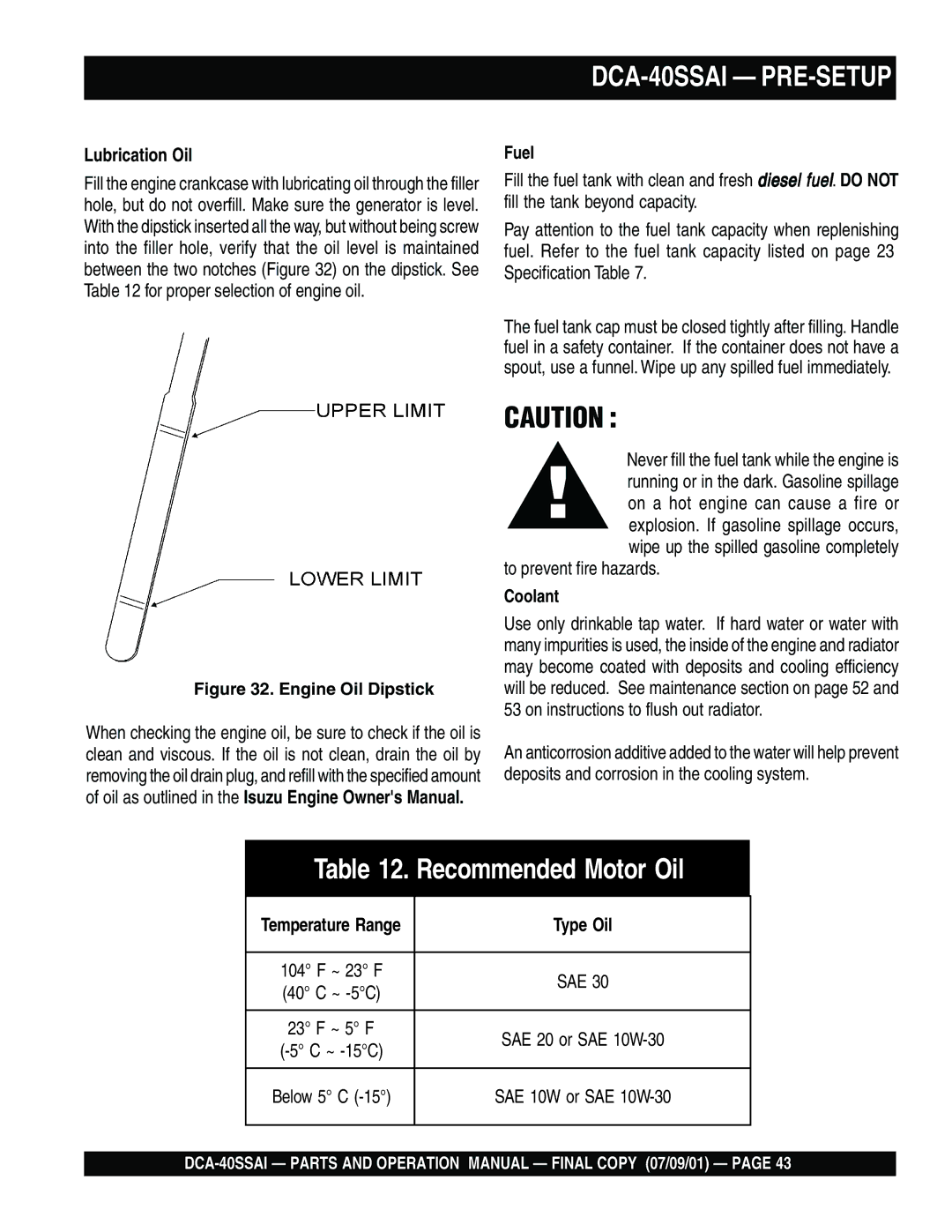 Multiquip operation manual DCA-40SSAI PRE-SETUP, Lubrication Oil 