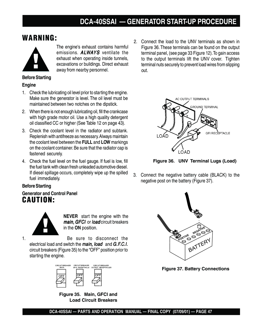 Multiquip DCA-40SSAI operation manual Before Starting Engine, Before Starting Generator and Control Panel 