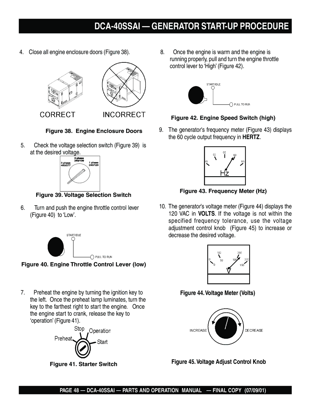 Multiquip DCA-40SSAI Generator START-UP Procedure, Turn and push the engine throttle control lever to ‘Low’ 