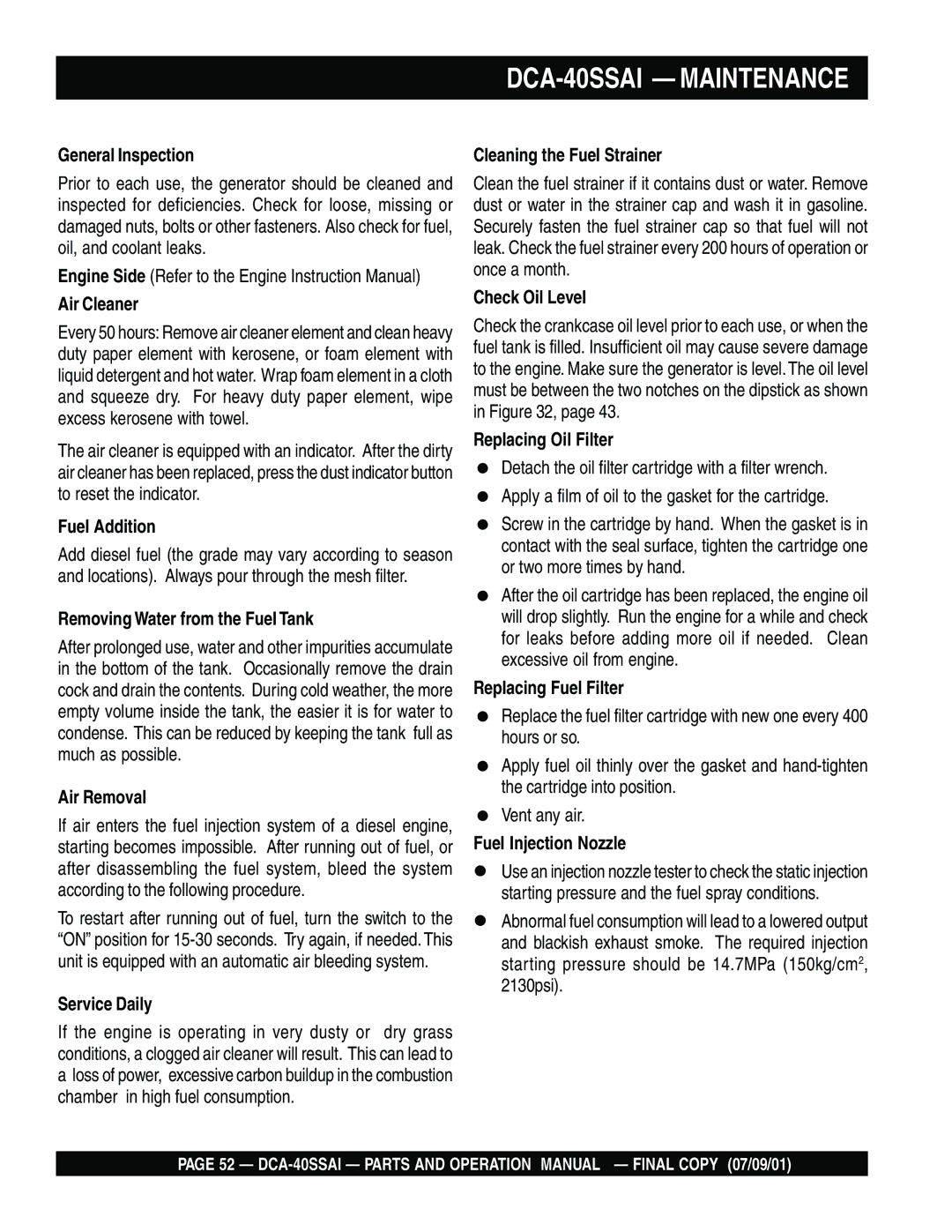 Multiquip operation manual DCA-40SSAI Maintenance 