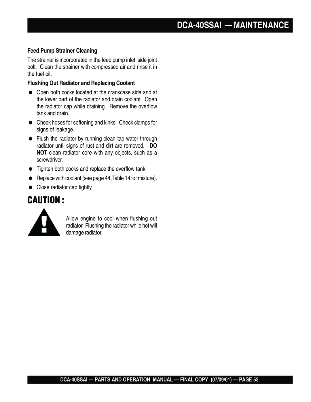 Multiquip DCA-40SSAI operation manual Feed Pump Strainer Cleaning, Flushing Out Radiator and Replacing Coolant 