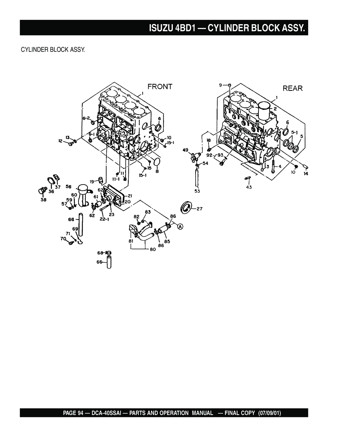 Multiquip DCA-40SSAI operation manual Isuzu 4BD1 Cylinder Block Assy 