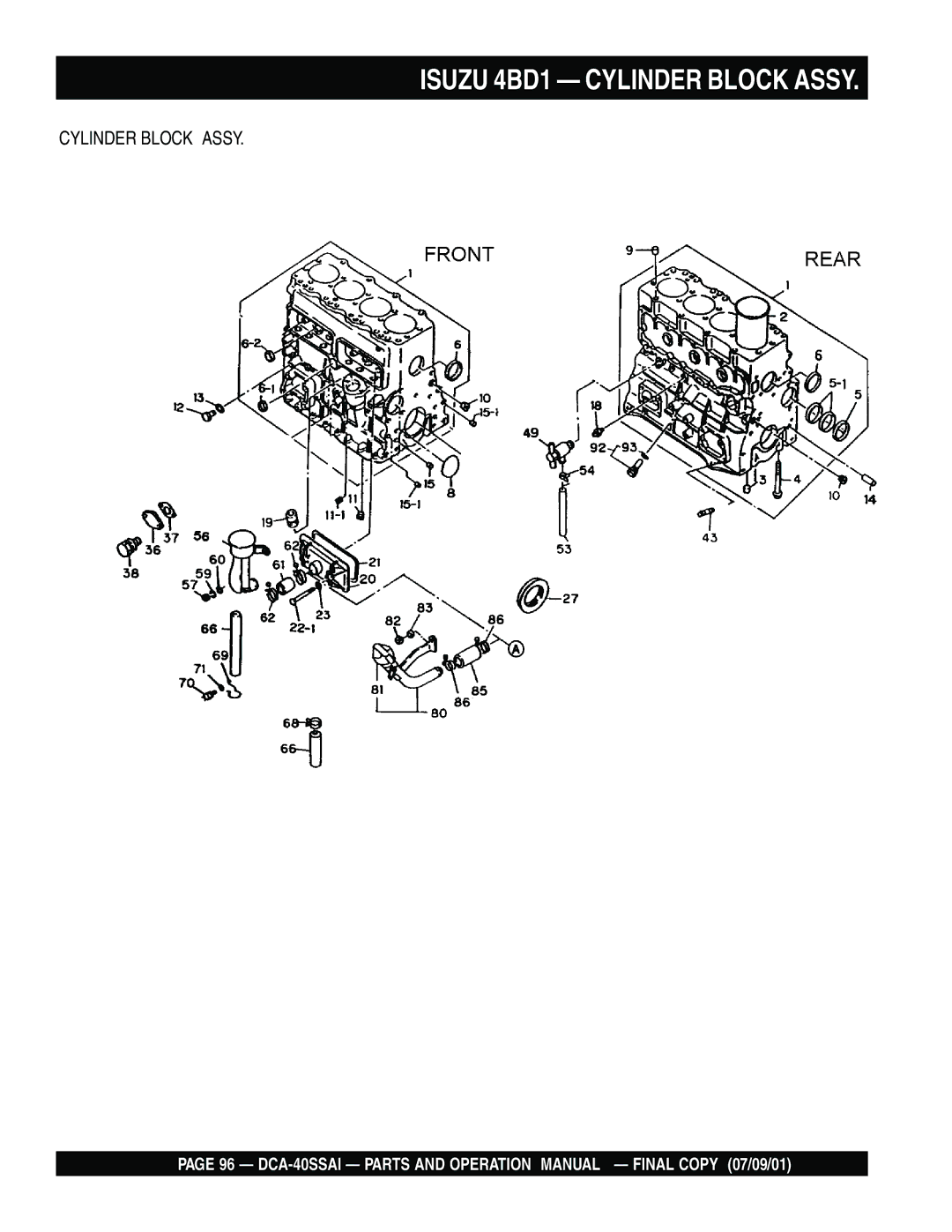 Multiquip DCA-40SSAI operation manual Isuzu 4BD1 Cylinder Block Assy 