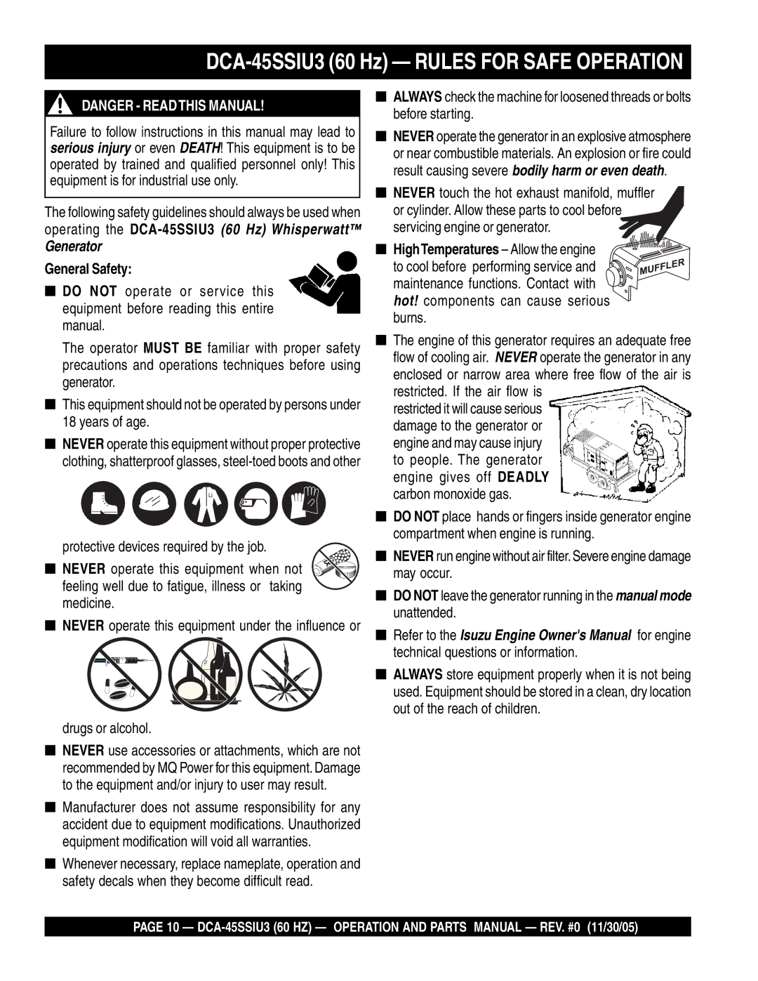 Multiquip operation manual DCA-45SSIU3 60 Hz Rules for Safe Operation, General Safety, Drugs or alcohol 