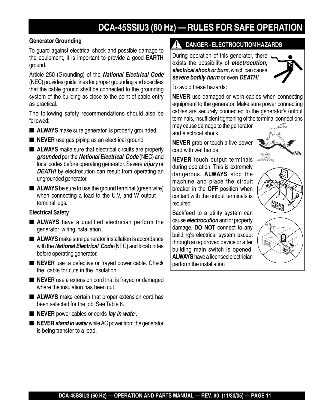 Multiquip operation manual DCA-45SSIU3 60 Hz Rules for Safe Operation, Generator Grounding, Electrical Safety 