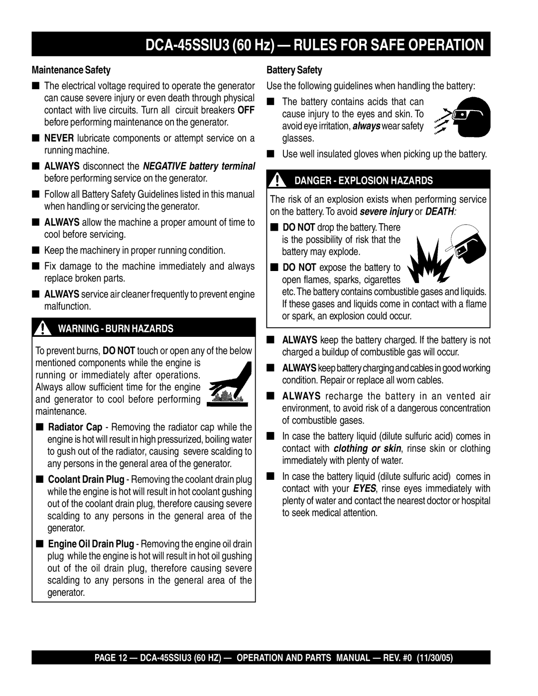 Multiquip DCA-45SSIU3 operation manual Maintenance Safety, Battery Safety 