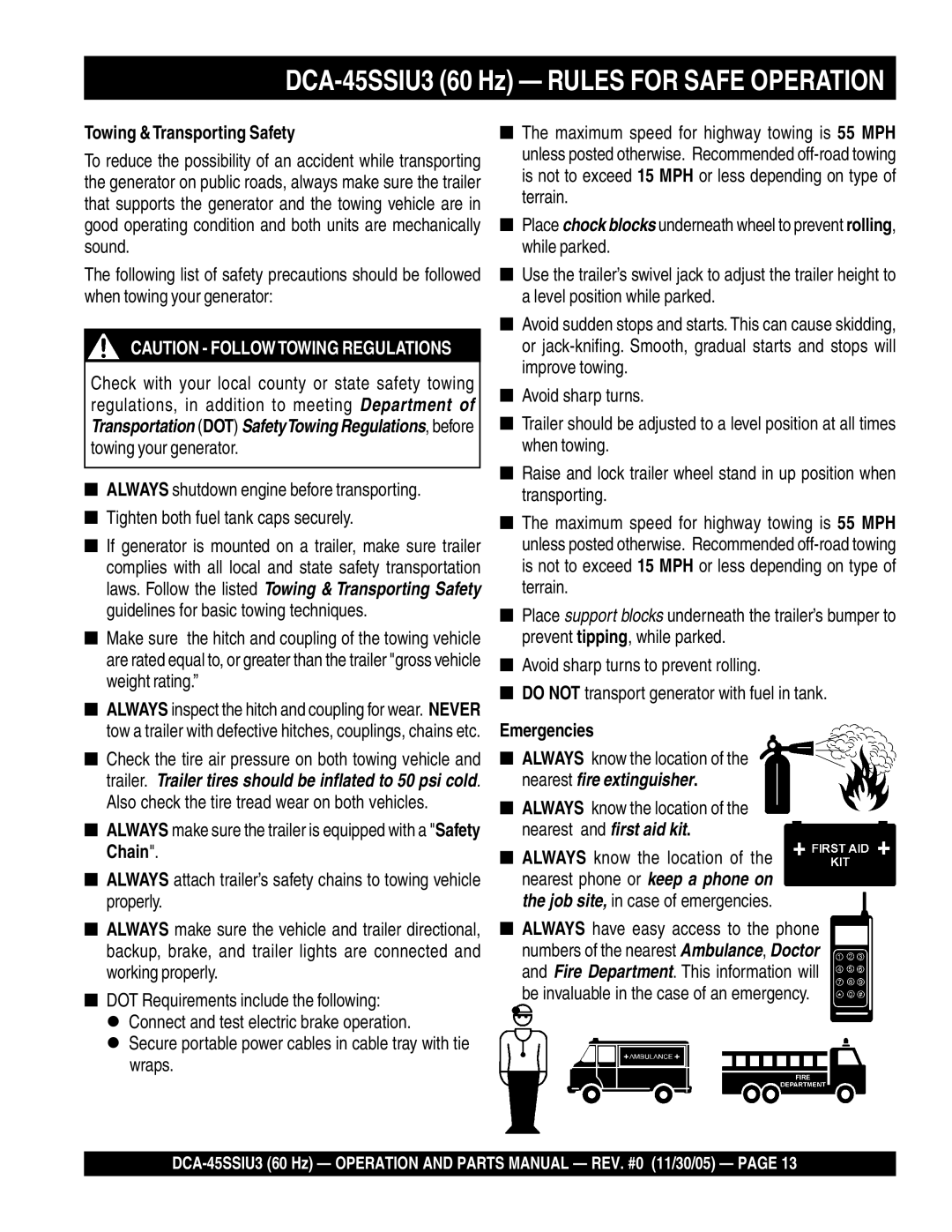 Multiquip DCA-45SSIU3 operation manual Towing &Transporting Safety, Emergencies 