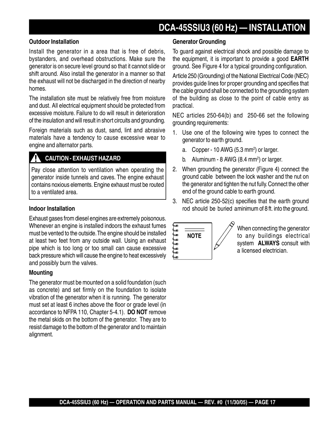 Multiquip operation manual DCA-45SSIU3 60 Hz Installation, Outdoor Installation, Indoor Installation, Mounting 