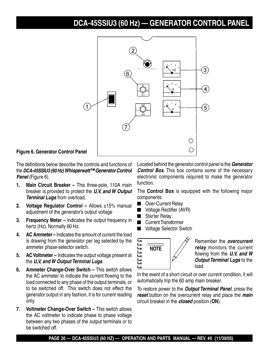 Multiquip operation manual DCA-45SSIU3 60 Hz Generator Control Panel, Adjustment of the generator’s output voltage 