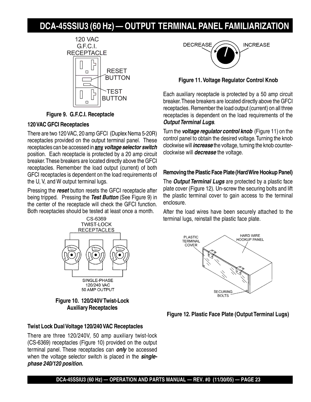 Multiquip DCA-45SSIU3 60 Hz Output Terminal Panel Familiarization, F.C.I. Receptacle 120VAC Gfci Receptacles 