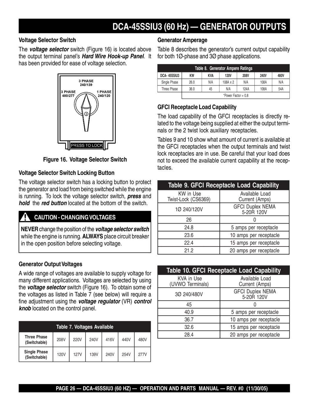 Multiquip DCA-45SSIU3 60 Hz Generator Outputs, Voltage Selector Switch, Generator OutputVoltages, Generator Amperage 