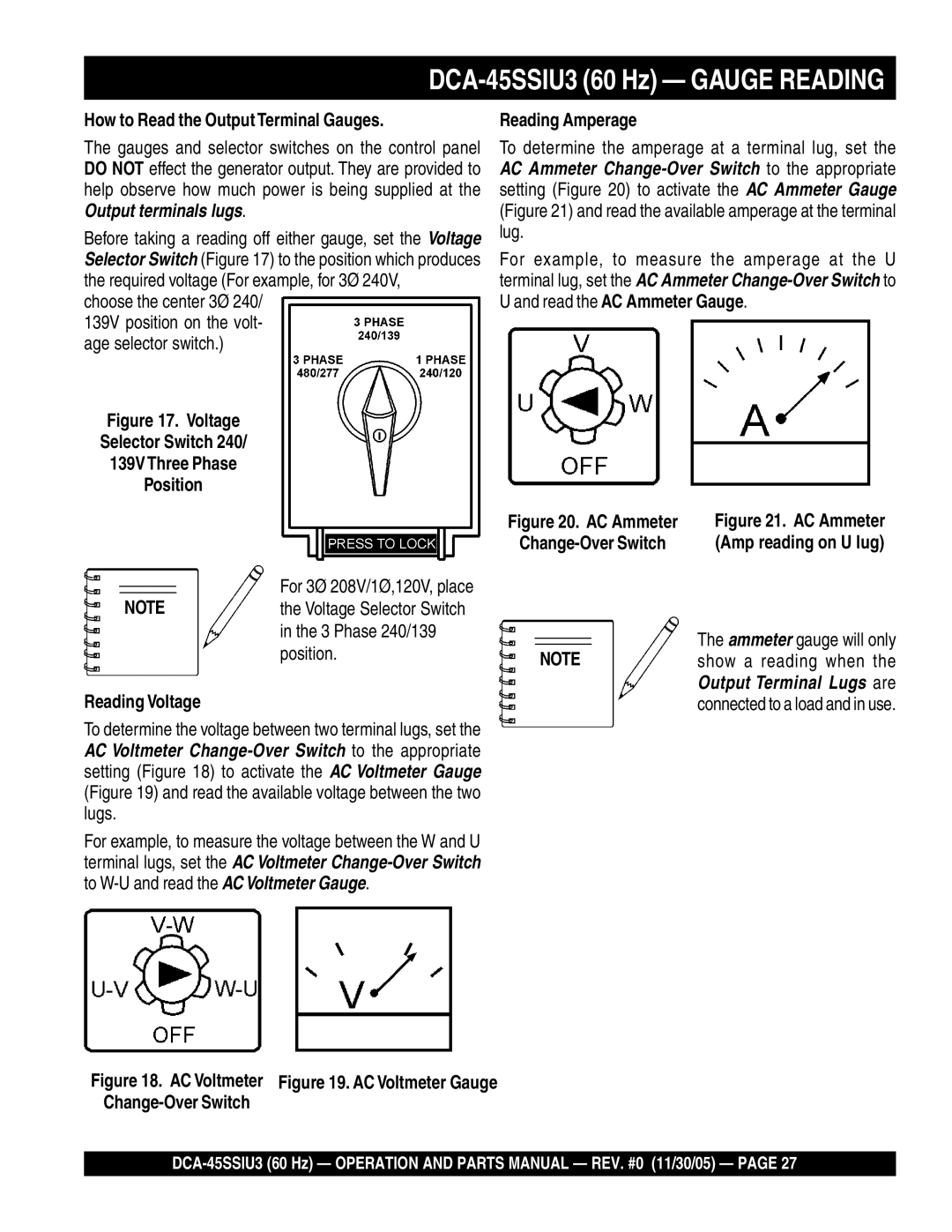 Multiquip operation manual DCA-45SSIU3 60 Hz Gauge Reading, How to Read the OutputTerminal Gauges, Reading Amperage 