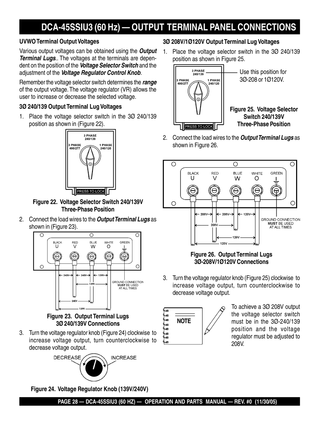 Multiquip DCA-45SSIU3 60 Hz Output Terminal Panel Connections, Uvwo Terminal Output Voltages, Three-Phase Position 