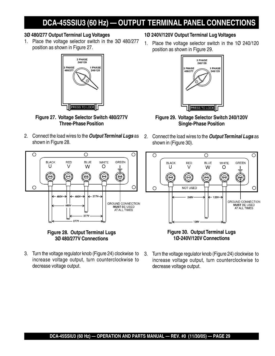 Multiquip operation manual DCA-45SSIU3 60 Hz Output Terminal Panel Connections, 3Ø 480/277 Output Terminal Lug Voltages 