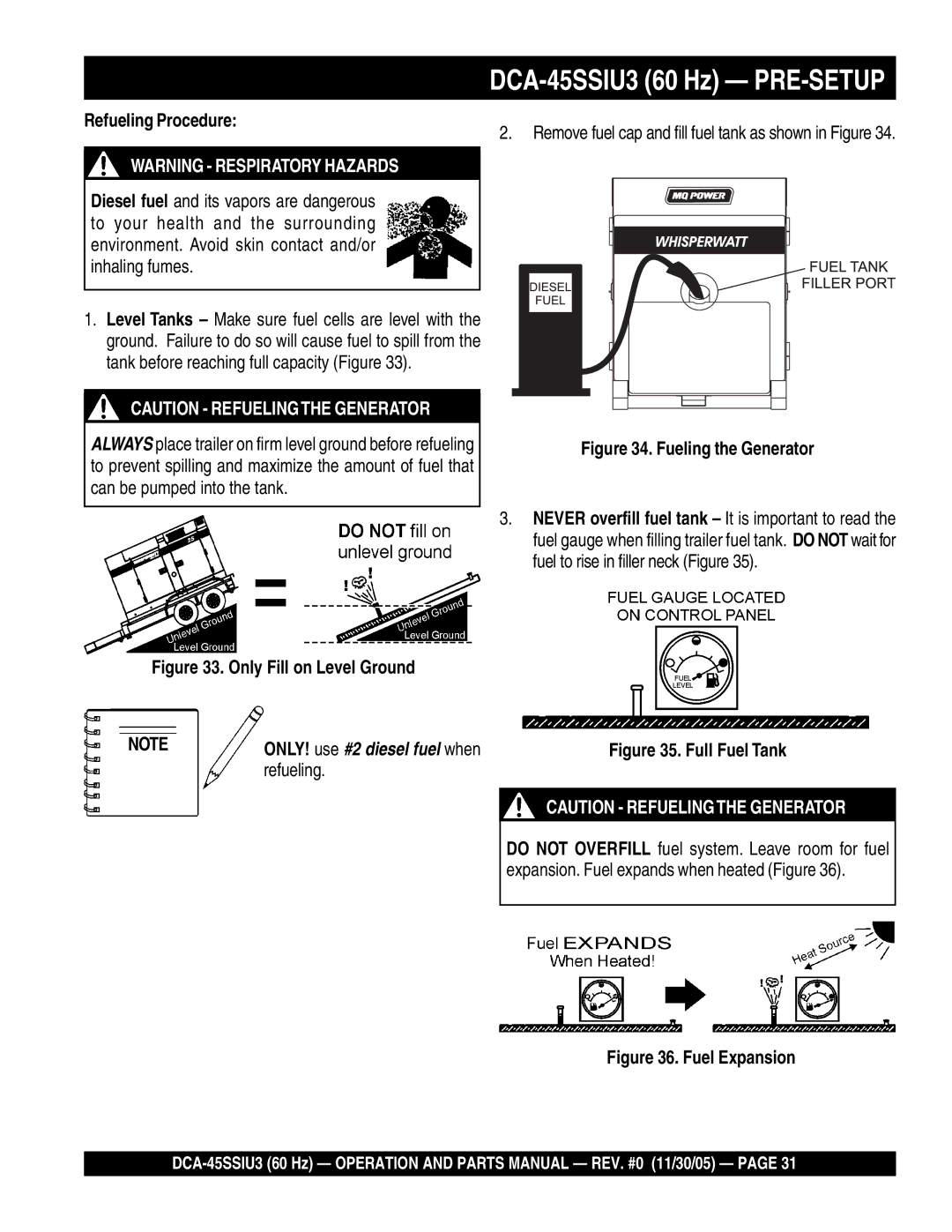 Multiquip operation manual DCA-45SSIU3 60 Hz PRE-SETUP, Refueling Procedure 