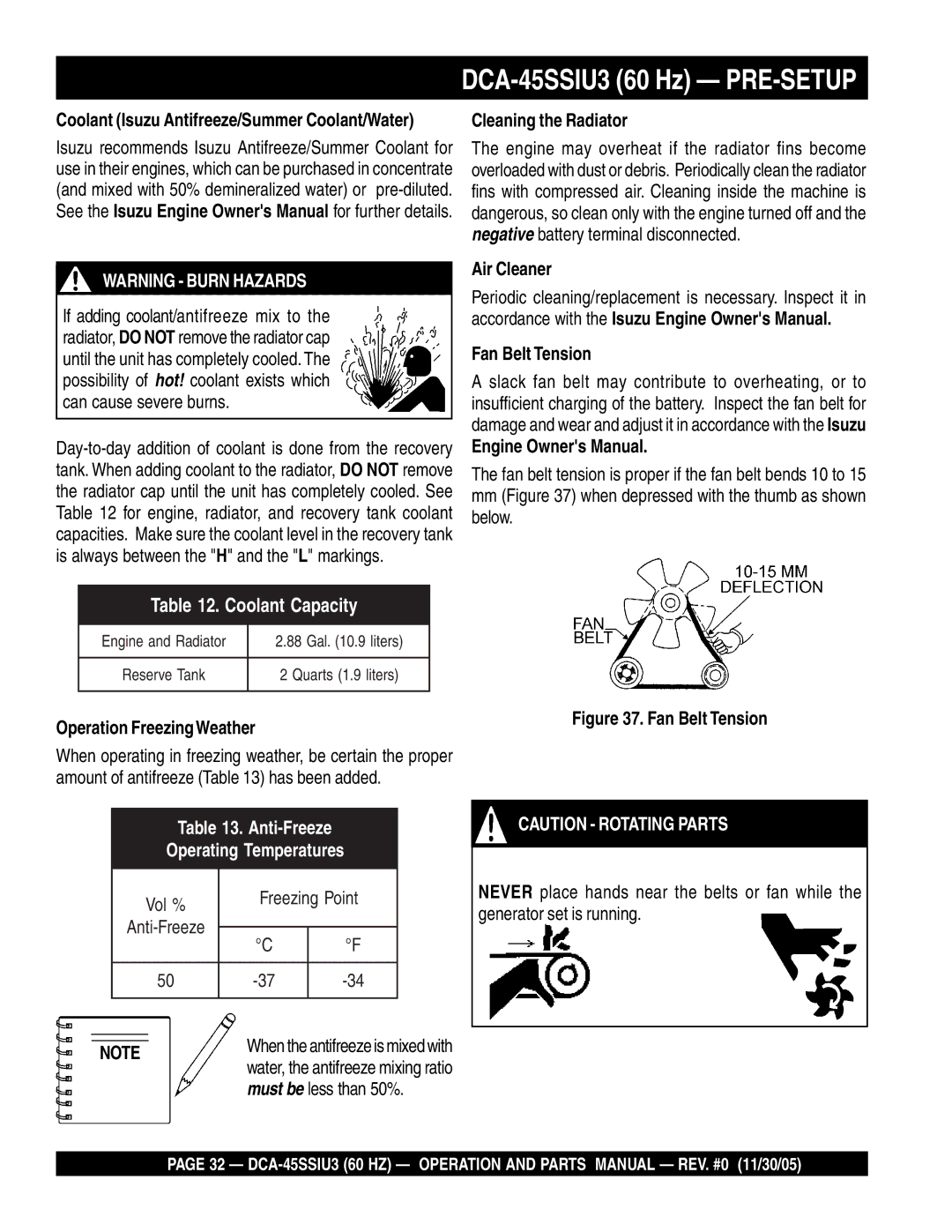 Multiquip DCA-45SSIU3 operation manual Cleaning the Radiator, Air Cleaner Fan Belt Tension, Operation FreezingWeather 