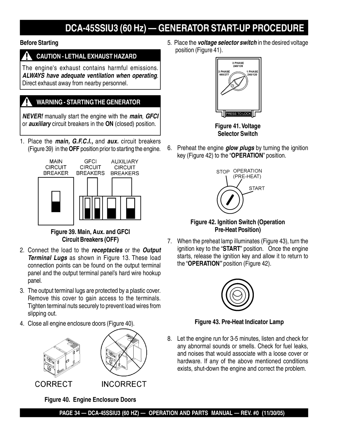 Multiquip DCA-45SSIU3 60 Hz Generator START-UP Procedure, Before Starting, Engines exhaust contains harmful emissions 