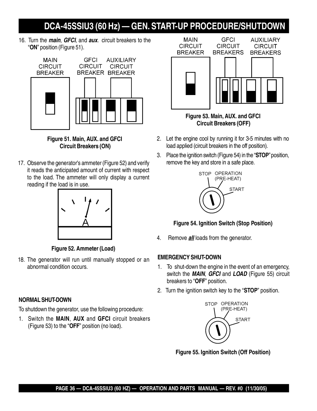 Multiquip operation manual DCA-45SSIU3 60 Hz GEN. START-UP PROCEDURE/SHUTDOWN, Remove all loads from the generator 