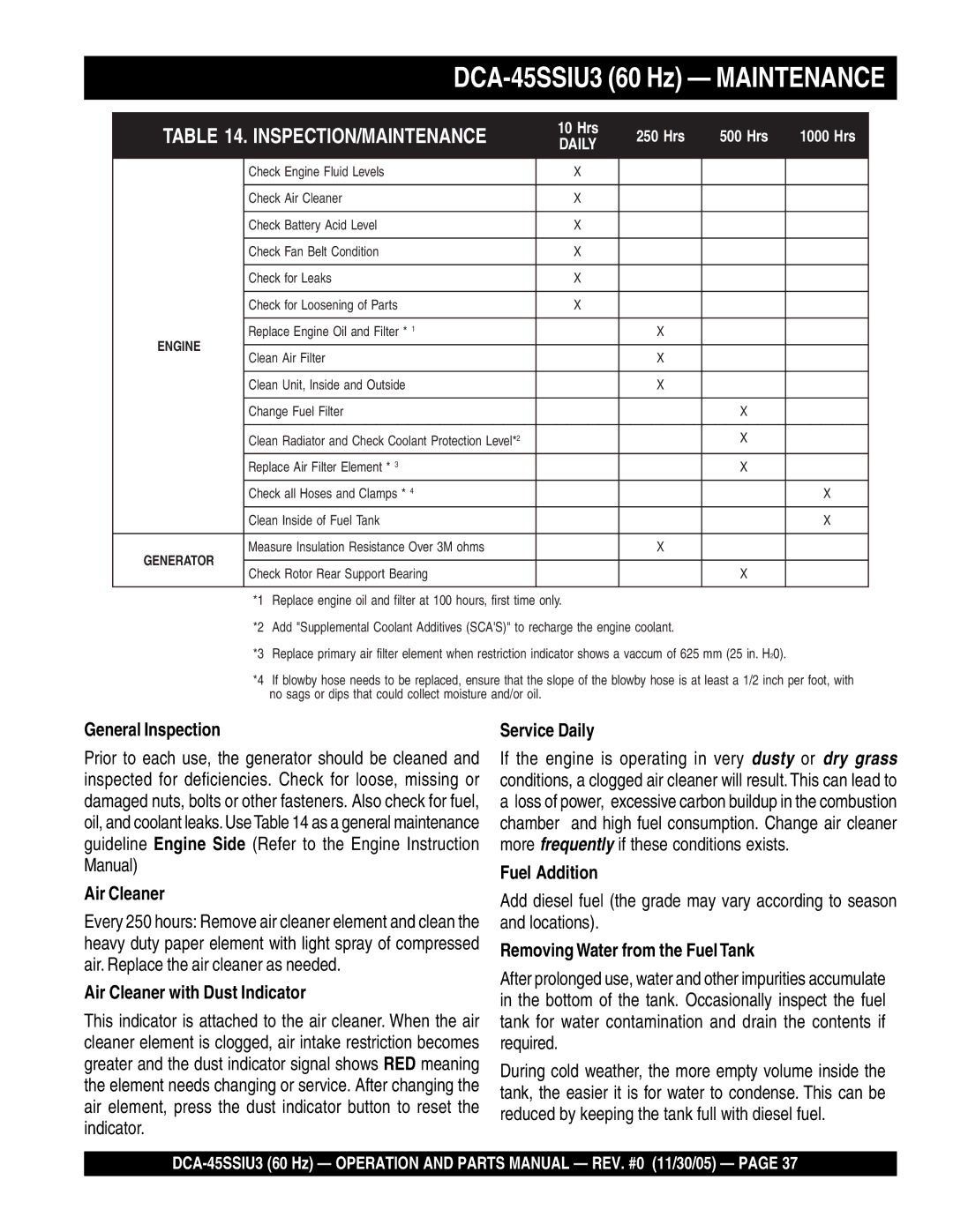 Multiquip operation manual DCA-45SSIU3 60 Hz Maintenance 