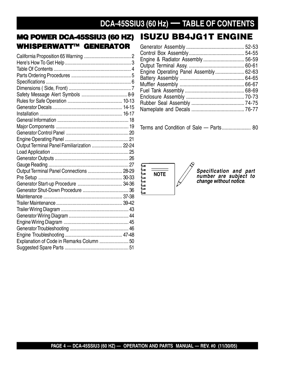 Multiquip operation manual Isuzu BB4JG1T Engine, DCA-45SSIU3 60 Hz Table of Contents 