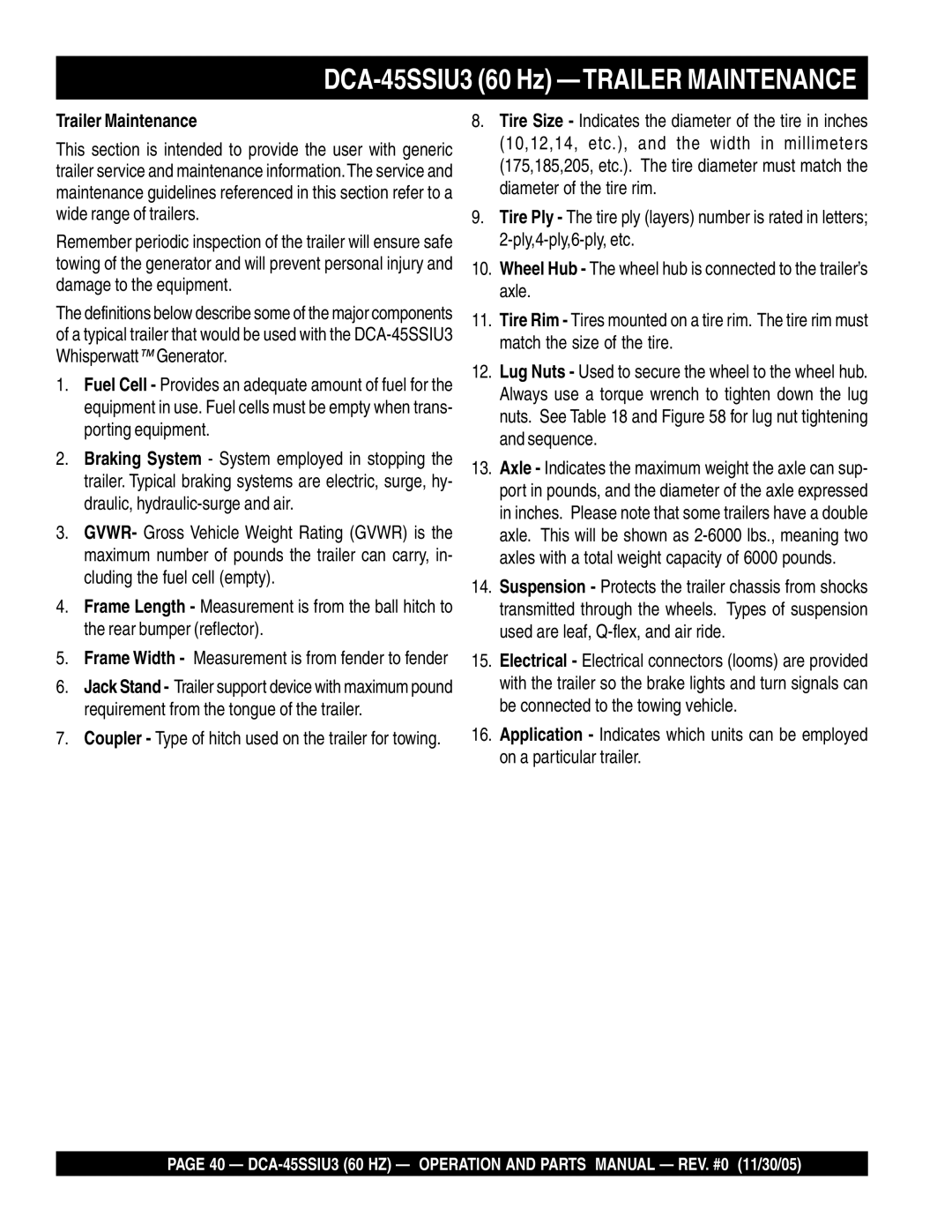 Multiquip operation manual DCA-45SSIU3 60 Hz -TRAILER Maintenance, Trailer Maintenance 