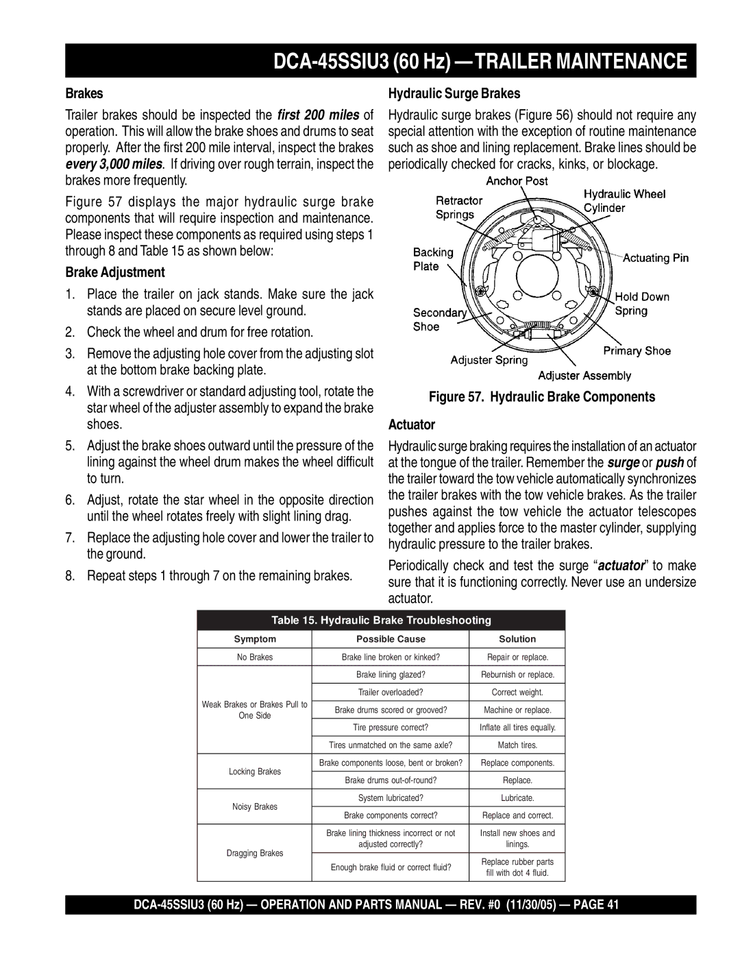 Multiquip DCA-45SSIU3 60 Hz -TRAILER Maintenance, Brakes, Brake Adjustment, Check the wheel and drum for free rotation 