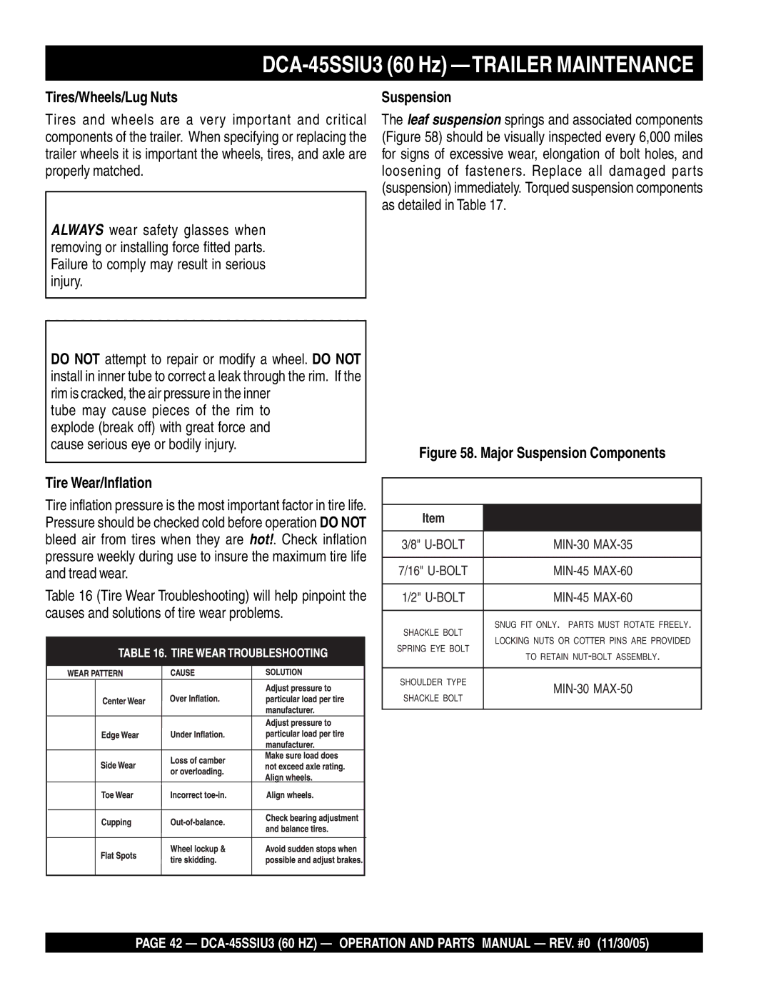 Multiquip DCA-45SSIU3 operation manual Tires/Wheels/Lug Nuts, Tire Wear/Inflation, Suspension 