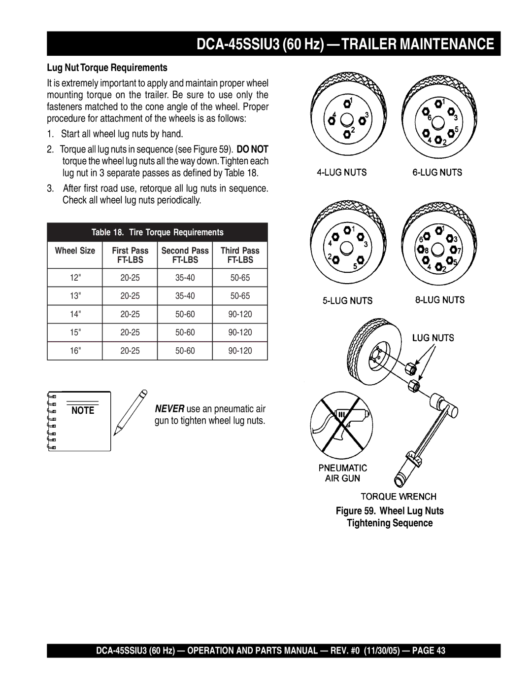 Multiquip DCA-45SSIU3 60 Hz -TRAILER Maintenance, Lug Nut Torque Requirements, Start all wheel lug nuts by hand 