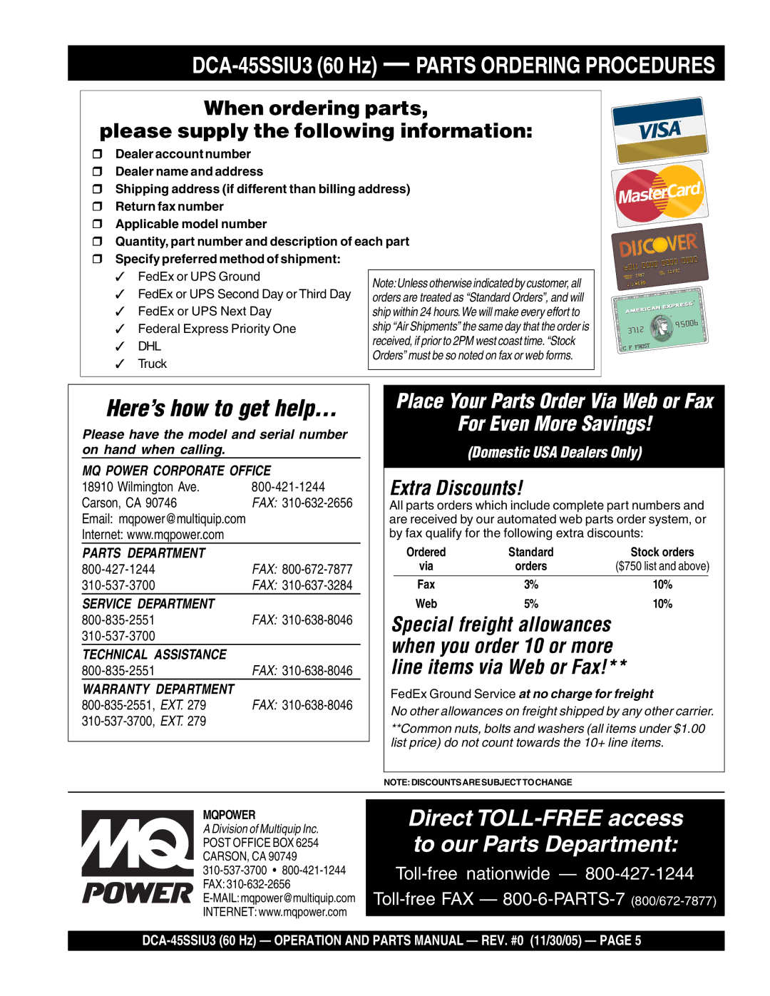 Multiquip DCA-45SSIU3 60 Hz Parts Ordering Procedures, When ordering parts Please supply the following information 