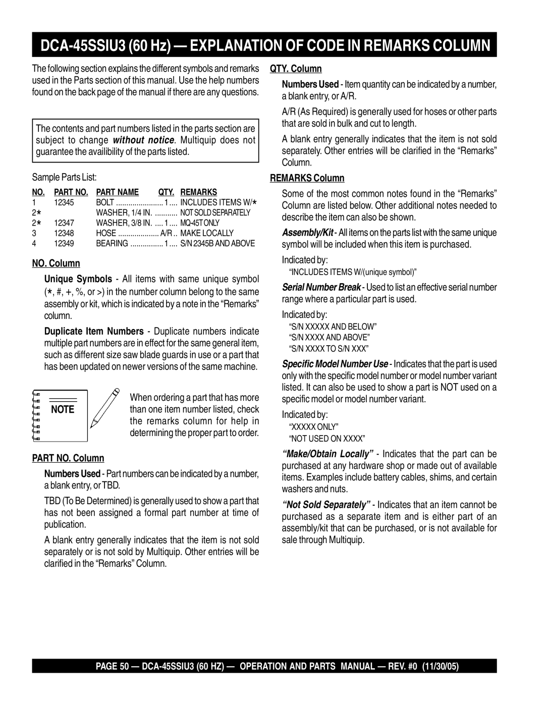 Multiquip operation manual DCA-45SSIU3 60 Hz Explanation of Code in Remarks Column, Sample Parts List 