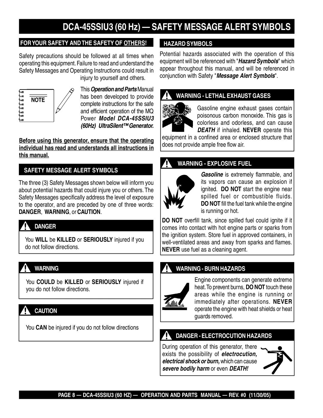 Multiquip operation manual DCA-45SSIU3 60 Hz Safety Message Alert Symbols, Injury to yourself and others 