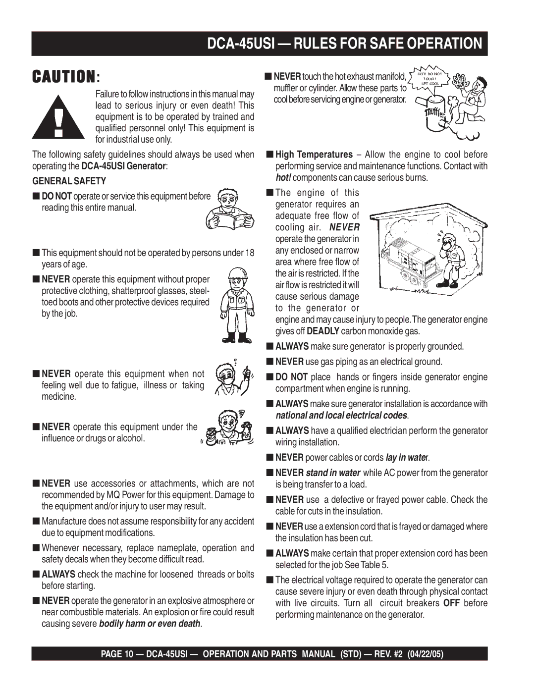 Multiquip DCA-45US1 operation manual DCA-45USI Rules for Safe Operation, General Safety 