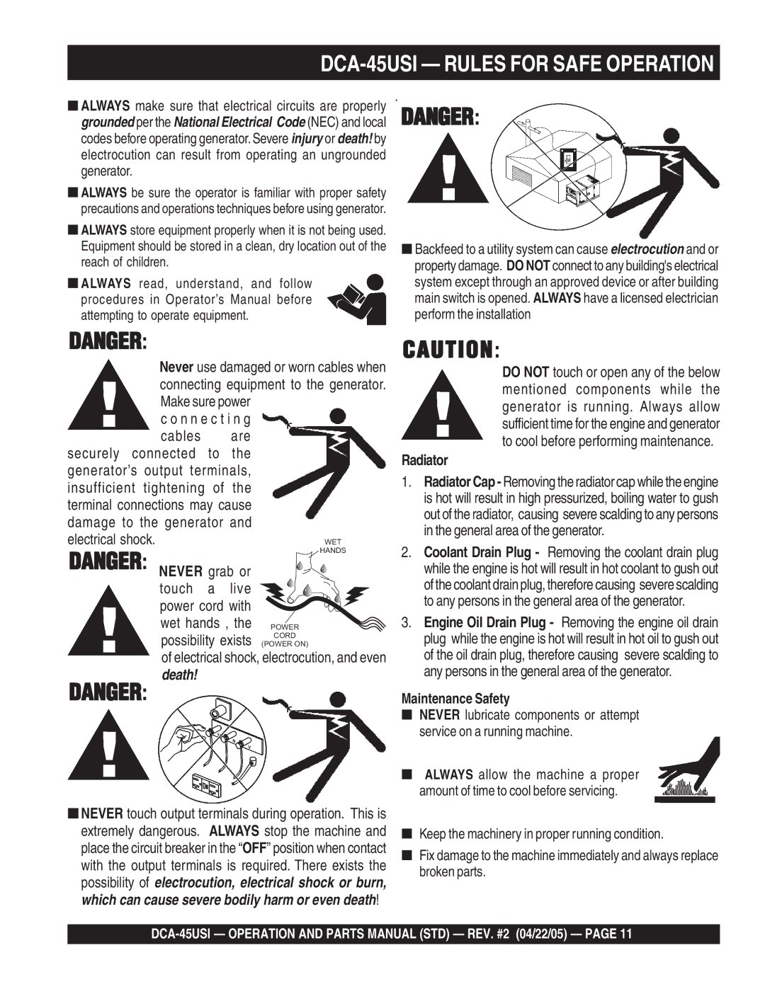 Multiquip DCA-45US1 operation manual DCA-45USI Rules for Safe Operation, Radiator 