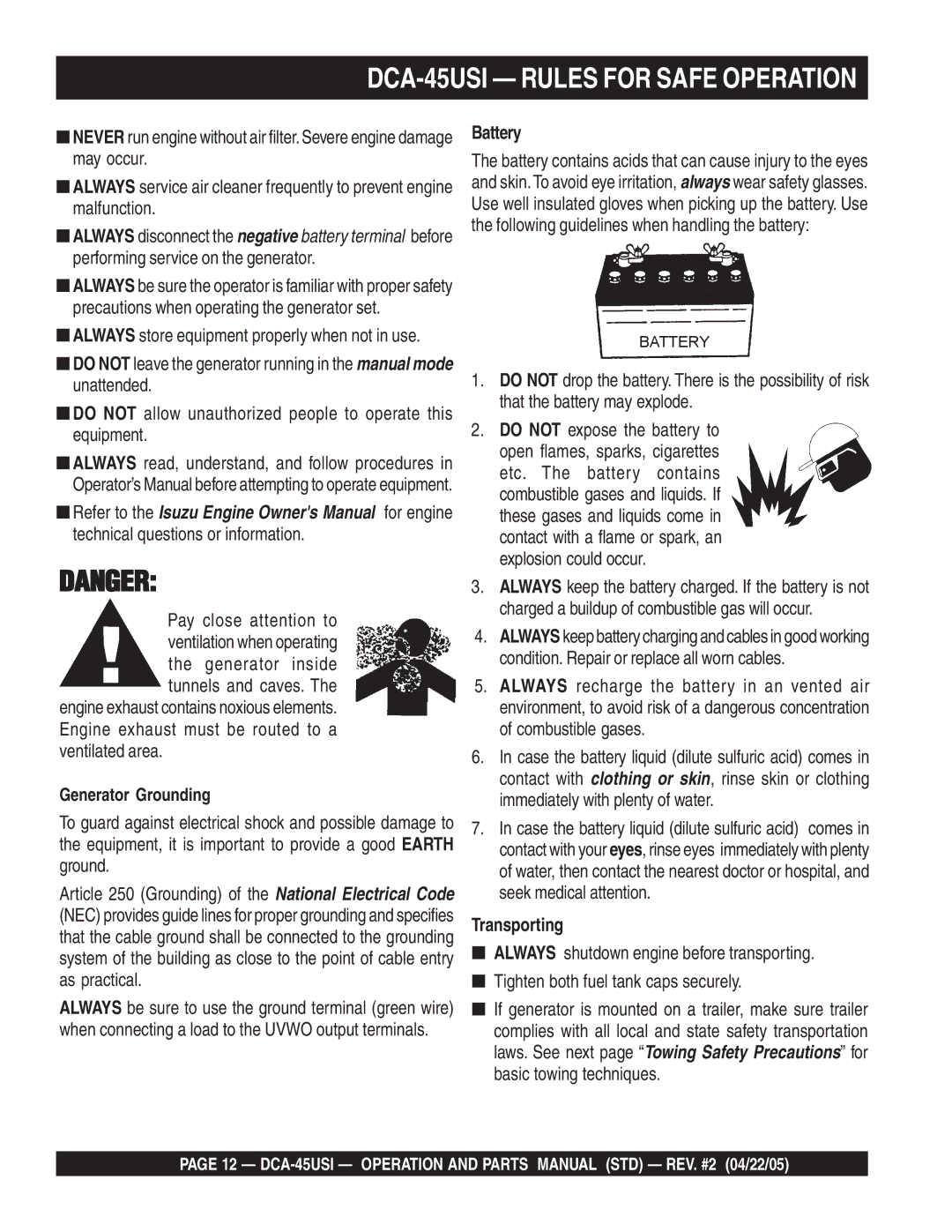 Multiquip DCA-45US1 operation manual Battery, Transporting 